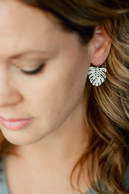 Baby monstera leaf earrings in silver - Wild Roots Creative Shop